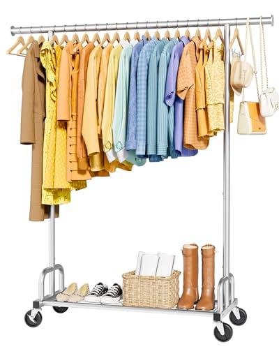 Sakugi Clothes Rack - Large-Capacity Clothing Racks for Hanging Clothes with Lockable Wheels, Space-Saving Metal Coat Rack for Bedroom, Laundry Room, Entryway, 45.6" x 16.9" x 59", Silver