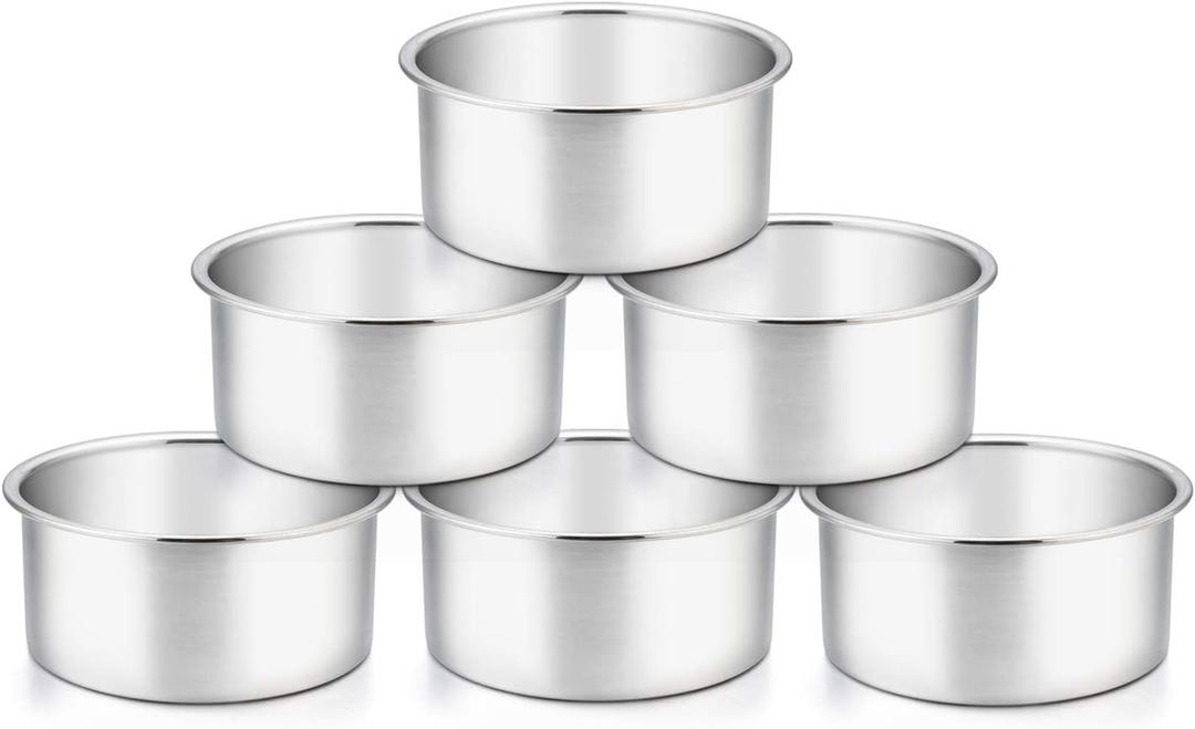 TeamFar 4 Inch Cake Pan, 6 Pcs Layer Baking Round Cake Pans Set Stainless Steel, For Baking Steaming Serving, Healthy & Sturdy, Mirror Finish & Dishwasher Safe (Silver)