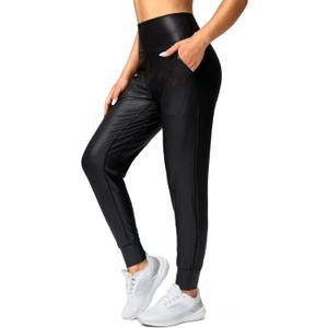 G Gradual Women's Joggers High Waisted Yoga Pants with Pockets Loose Leggings for Women Workout, Athletic, Lounge (Medium, Faux Leather Coated)