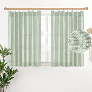 YoungsTex Sage Green Linen Semi Sheer Curtains 40 Inch Length for Kitchen Window, Short Light Filtering Drapes with Back Tab for Cafe Bathroom, 2 Panels, 40 X 40 Inch