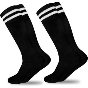 XuoAz 2 Pairs Kids Soccer Socks for Boys Girls - Youth Softball Long Tube Socks Knee High Uniform Sports Socks 6-12 Years (Black)