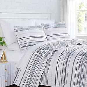 Southshore Fine Living, Inc. Oversized Quilted Bedspread Set, Striped Grey Quilt Queen Size, 3-Piece Coastal Bedding and 2 Pillow Shams, All Season Microfiber Quilt Full Size Bed Set, Grey Stripes