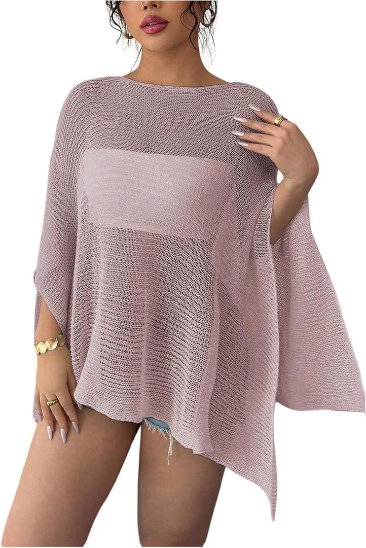 Women's See Through Knit Poncho Shawl 3/4 Sleeve Split Asymmetrical Shrug Sweater Cover Up (L)
