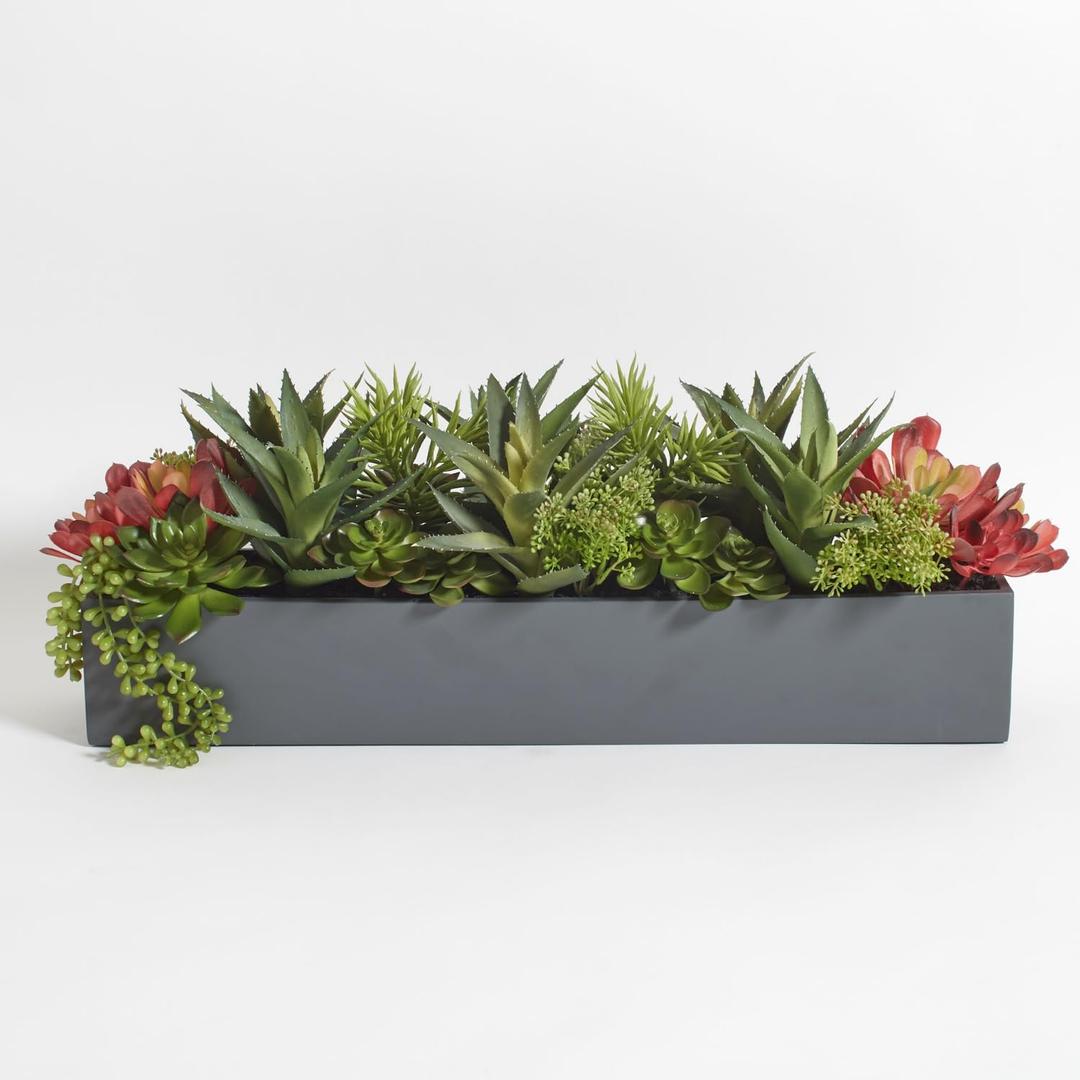 CG Hunter Oblong Faux Succulent Arrangement, Premium Artificial Indoor Plant Enhances Interior Design, Display on any Surface in Your Home Adding an Inviting Touch of Nature, Grey Planter Pot Included