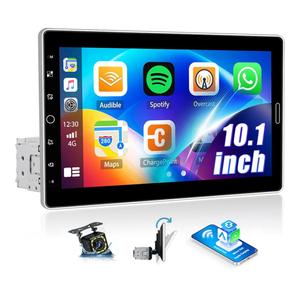 10.1 inch Single Din Car Stereo with Wireless CarPlay Android Auto, Manually Rotated Touch Screen Car Radio with Bluetooth, Online Video Playback, FM RDS EQ USB SWC Car Audio Receiver Backup Camera