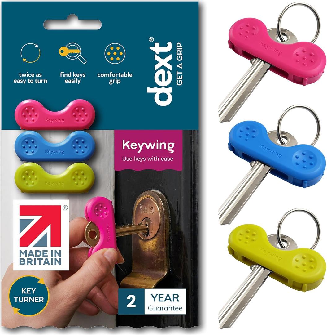 Dext - Keywing Key Turner Aid for People with Arthritis, Parkinsons, and More, Comfortable and Secure Grip for Weak Hands, Lightweight, Durable, Click-On Design, Suitable for Flat Keys (Multipack, 3)