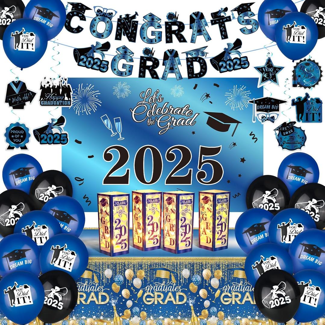 Graduation Decorations Party Supplies, Grad Party Supplies Class of 2025 Congrats Grad Party Decorations Graduation Party Decoration with Grad Balloons Hanging Swirls Backdrop Tablecloth, Blue