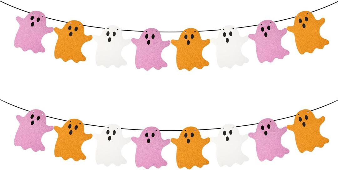 2 x 2pcs Halloween Hanging Ghost Banners, Glitter Ghost Cardstock Halloween Party Decorations for Indoor Outdoor Haunted Houses Wall Fireplace Doorways Decor