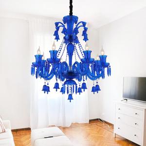 Crystal Chandelier, Classic Candle Pendant Light Fixture, Girl's Bedroom Hanging Light, 8 Lights Adjustable Island Lights for Dining Room Foyer in Blue