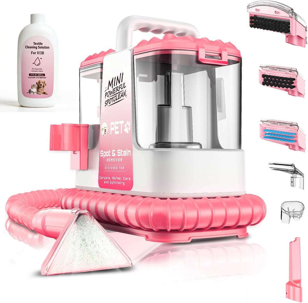 Carpet Cleaner Machine, 20Kpa Powerful Suction with 5 Cleaning Tools, Cleaning Solution, Car/Auto Detailer, Lightweight Compact Design for Rug, Carpet, Car Seats, Pets, Stairs, Couches,Pink