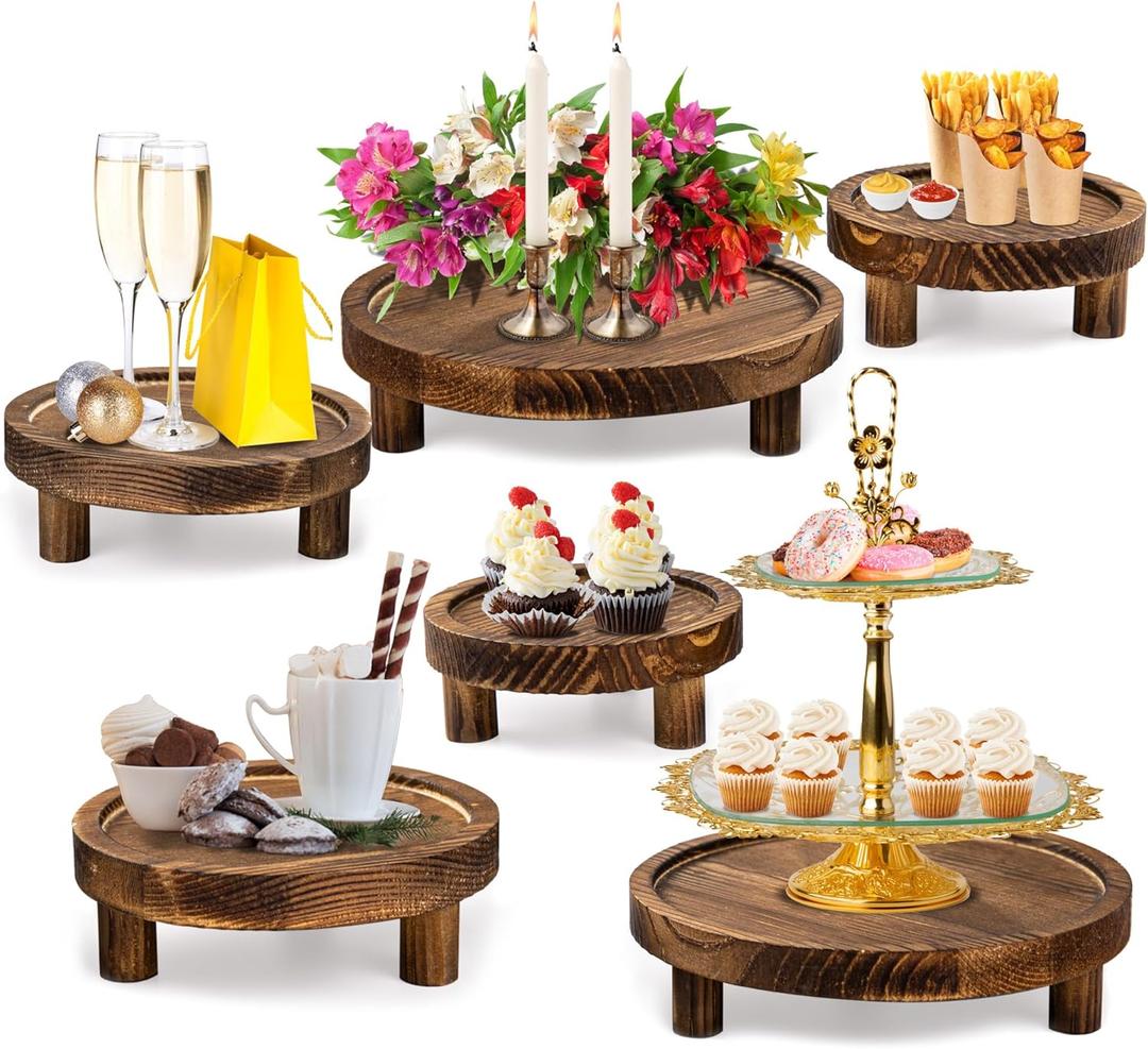 6PCS Wooden Risers for Display Wood Cake Stand for Party Round Food Risers for Buffet Wooden Holder Rustic Riser for Decor Tiered Tray Decor Home Kitchen (Rustic, 6 PCS (8, 6, 5))