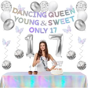 34pcs Dancing Queen Party Decorations 17,Dancing Queen Banner,Silver 17th Birthday Tiara and Sash,Balloons,Disco Hanging Swirls,Butterfly,Candles and Cake Topper,Tablecloth for 17 Birthday
