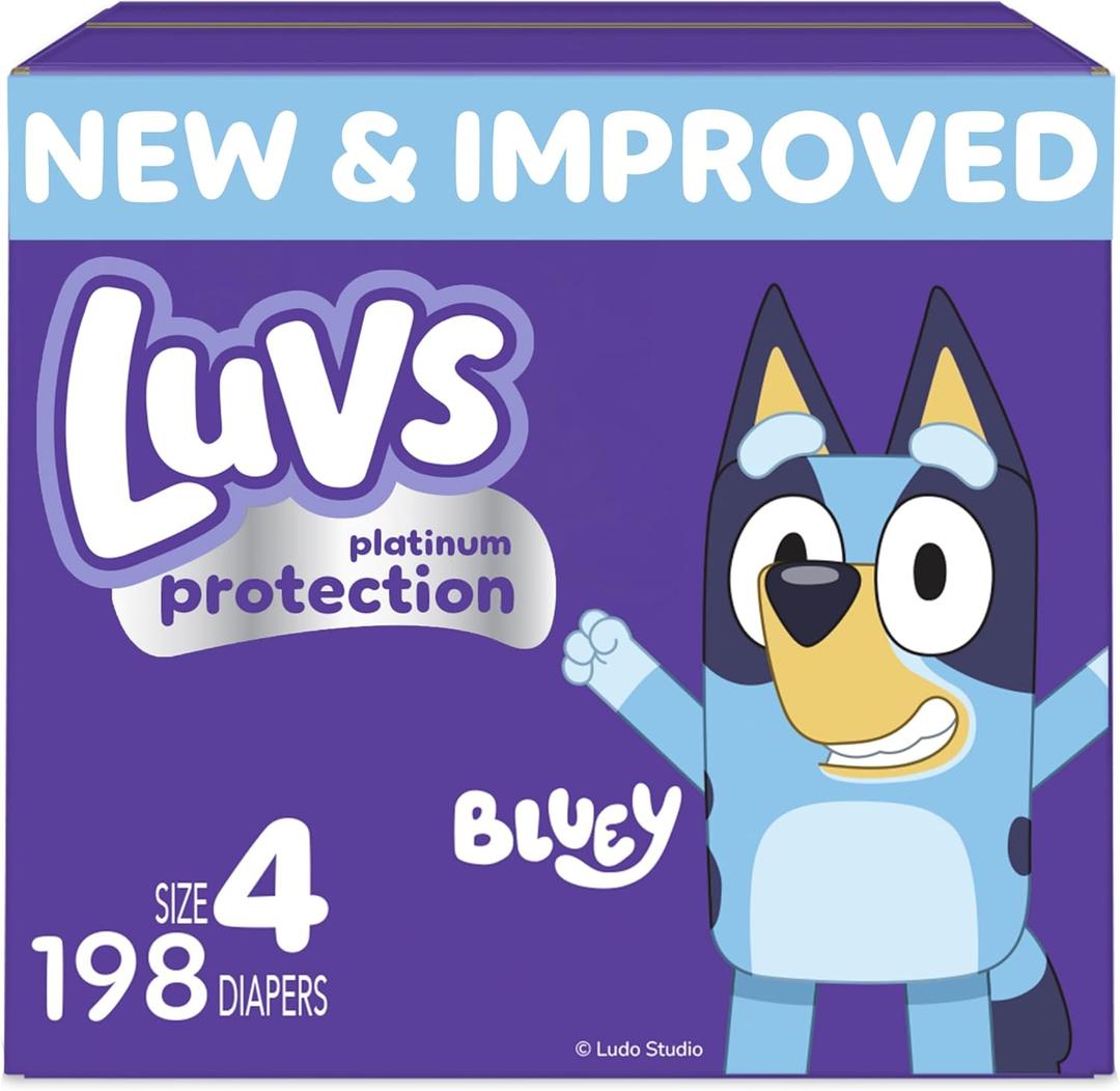 Luvs Size 4 Baby Diapers, Platinum Protection Bluey Diapers for Day & Night, Size 4, 198 Count 