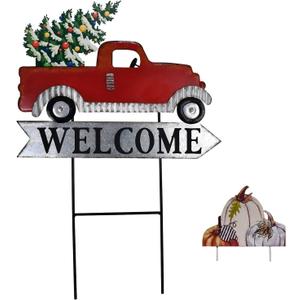 Morning View Red Pickup Truck Yard Stakes Welcome Sign Metal Garden Stake Interchangeable Christmas Tree Fall Pumpkin Outdoor Seasonal Yard Art for Lawn Xmas Winter Autumn Holiday 24 Inches