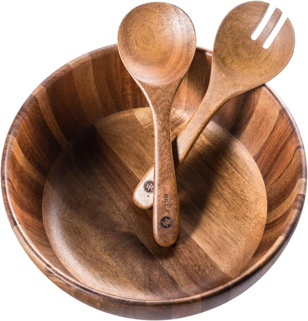 Wooden Salad Bowl, 12'' Acacia Wood Salad Bowls Set Large Salad Mixing Bowl with Servers-3-Piece Big Salad Bowl Set