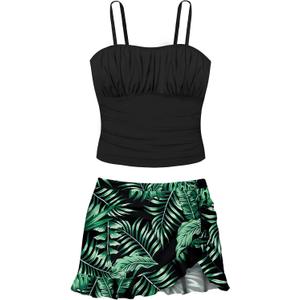 Girls Tankini Swimsuits Two Piece Tropical Print Pleated Bathing Suit with Ruffle Drawstring Skirt Swimwear 9-16T (13-14 Years)