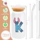 Cute Cartoon Lover Gifts Initial A-Z Personalized Iced Coffee Cup Cartoon Merch 16oz Glass Cup with Lid and Straws Birthday Christmas Gifts for Women Teen Girls Fans (Letter K) (Multicolor 1029)