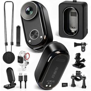 True 4K Action Camera with GPS AI Tracking, 64G Mini Body Camera with 6-Axis Stabilization, Wearable POV Cam with Charging Case, Waterproof Thumb Sports Camera for Cycling Swimming Skiing