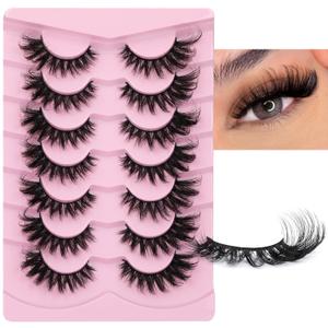 Faux Mink Lashes Fluffy Cat Eye Natural Look False Eyelashes Volume Wispy Fox Eye Crossed 17MM Thick Fake Lashes Look Like Eyelash Extensions Pestaas 7 Pairs Pack