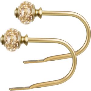2 Pack Gold Curtain Holdbacks, USFOOK Decorative Drapery Tiebacks (2 Pack/1 Pair), Curtain Tie Back Hooks for Wall with Translucent Finials (6.1" L x 4.1" W)