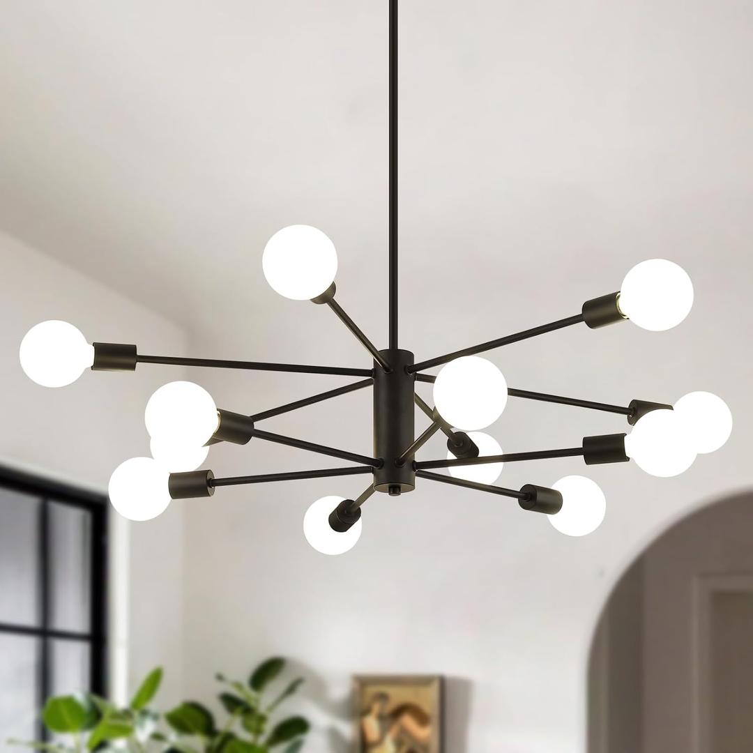 AMZASA Black Sputnik Chandeliers, 12 Light Modern Farmhouse Mid Century Pendant Light, Chandeliers for Dining Room Living Room Kitchen Island Entryway Foyer, UL Listed
