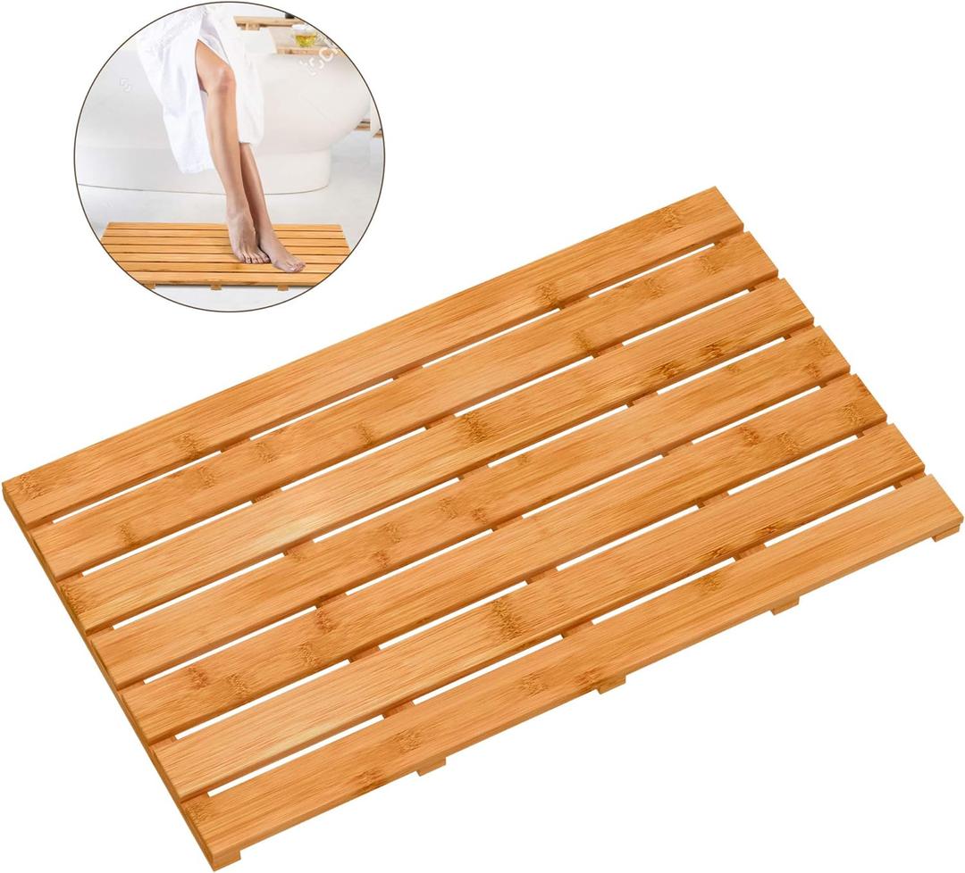 Bamboo Wooden Bath Floor Mat for Luxury Shower - Non-Slip Bathroom Waterproof Carpet for Indoor or Outdoor Use (31.3 x 18.1 x 1.5 Inches) (Natural)