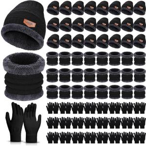 72 Pcs Winter Beanies Hat Glove Scarf Sets Unisex Knitted Cap Beanie Bulk Winter Gloves Bulk Fleece Neck Warmer for Adults (Black)