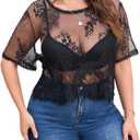 Floerns Women's Plus Size Lace Mesh Sheer Blouse Crew Neck Short Sleeve Crop Top (XL)