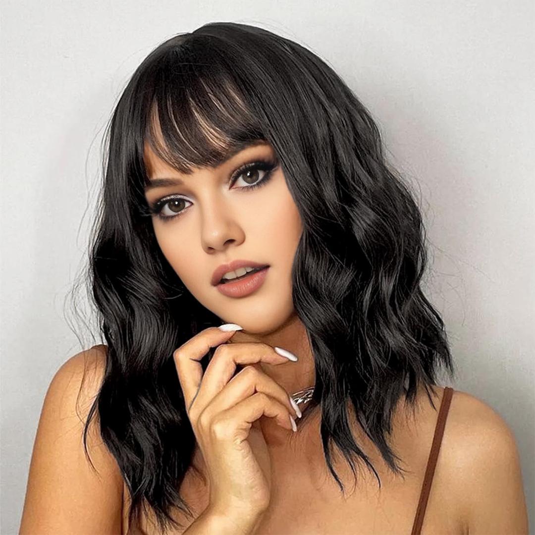 AGO Natural Black Wigs with Bangs Short Bob Wig Shoulder Length Synthetic Hair for Women Girl Loose Wavy Wig Heat Resistant Fiber Hair for Daily Party Halloween Cosplay Use(2/4#Black)