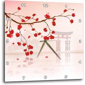3dRose Wall Clock Silent - 15 inch - Beautiful Japanese Sakura Red Cherry Blossoms Branching Reflecting Over Water - Oriental Inspired Designs