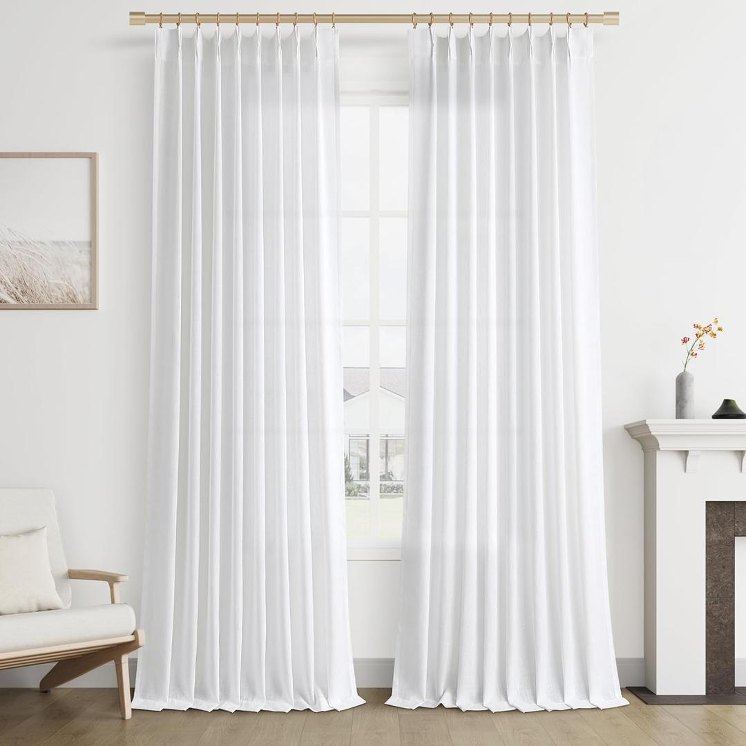 Joywell Linen Blended Pinch Pleated Curtains 102 Inches Long,Back Tab Clip Rings Drapes with Hooks Semi Sheer Light Filtering for Bedroom Living Dining Room,W50 x L102,White,2 Panels