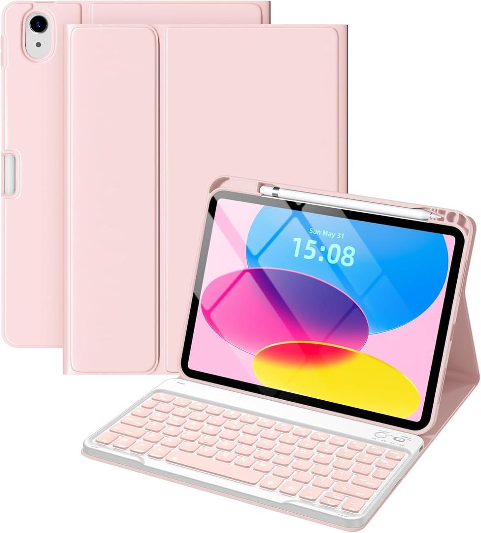 For iPad (A16) 11th/10th Generation Case with Keyboard, 7-Color Backlit, Detachable Keyboard Case for iPad A16 11 inch 2025 & 10th Gen 10.9 inch 2022, Folio Cover with Pencil Holder, Pink