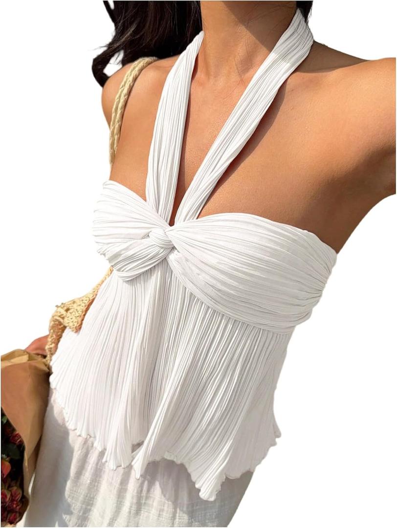 Floerns Women's Trendy Going Out Halter Tops Twist Front Halter Tops Sleeveless Pleated Backless Tank Top (Large, White)