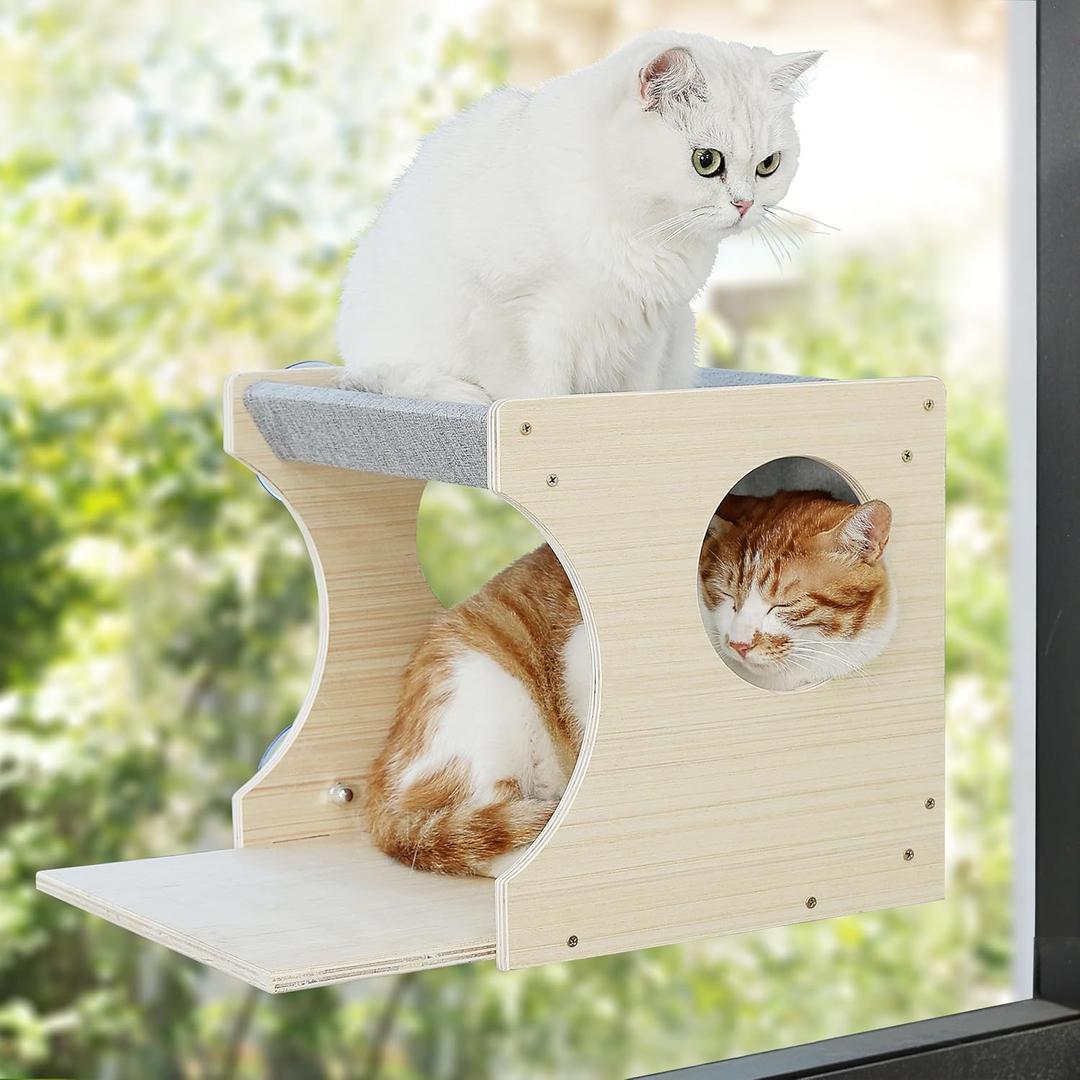 Window Cat Perch Shelves for Inside, Sturdy Wood Climbing Seat Mounted with Heavy Duty Suction Cups, Corner Window Bed for Overlooking and Sleeping (Left)