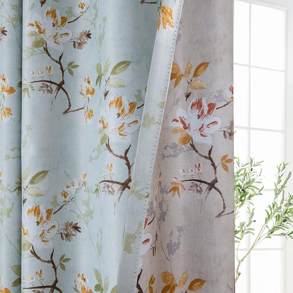 Double Sided Floral Blackout Curtains for Bedroom Print Aqua Green Vintage Flower Room Darkening Window Drapes Set for Living Room 84 Inches Long 2 Panels (Front ( Green Color)/Back ( Coffee Color))