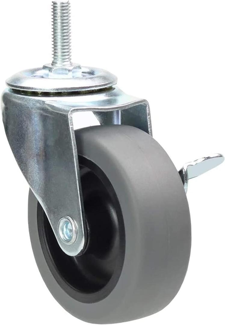 3 Inch Swivel Stem Caster Wheels with Brake Set of 4, M8-1.25 Threaded Stem Industrial Rubber Casters, Replacement for Furniture and Workbench