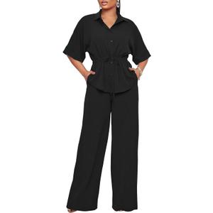 Two Piece Sets for Women Dressy Short Sleeve Button Down Shirt Top Flared Pants Sets Business Pantsuits, Size: Large