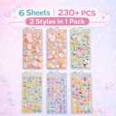 Mini 3D Puffy Stickers, 230+ Kawaii Cute Stickers (6 Sheets, 2 Styles), Soft Raised Bubble Stickers for Phone Case, Journals, Planners, Scrapbooking, DIY Decor