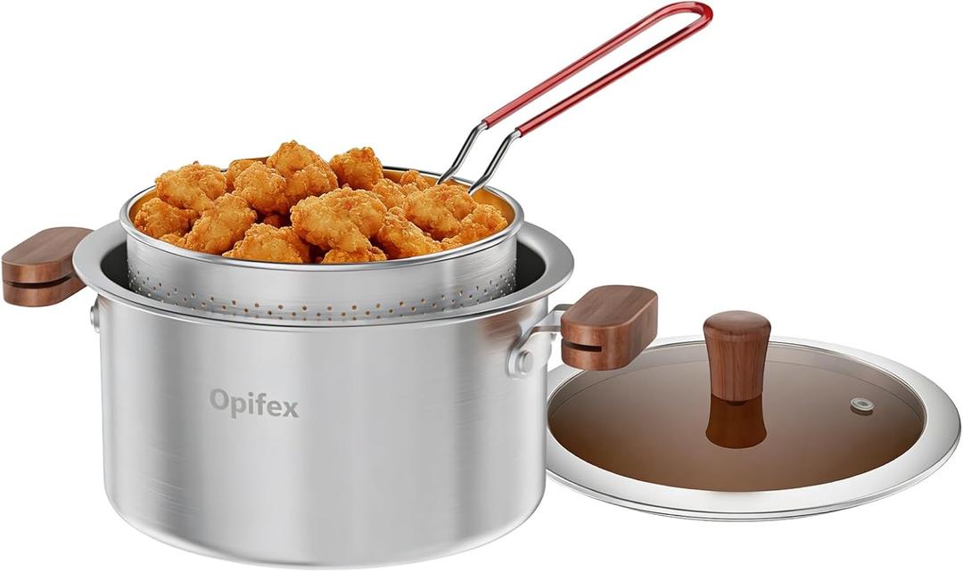 Stainless Steel Deep Fryer Pot with Basket,3.1L Stockpot for Home Use Frying, Pasta, Soup & Stews, 304 Stainless Steel, Glass Lid, Strainer Basket for All Stovetops