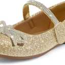 K KomForme Girl's Bow Mary Jane Dress Shoes Ballet Princess Flats with Rhinestone Strap for Party Wedding School, Toddler/Little Kid/Big Kid Gold Glitter, Size: 11 Little Kid