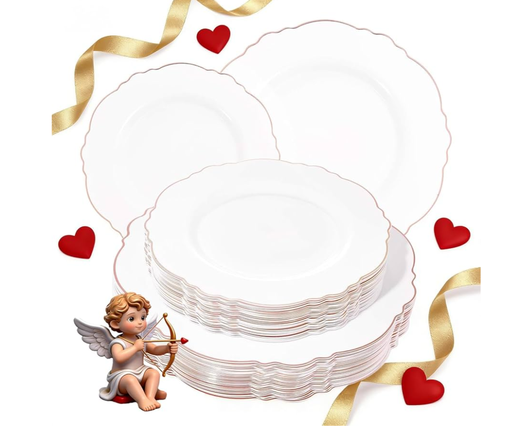 WDF 60pcs Rose Gold Plastic Plates-Baroque White &Rose Gold Disposable Plates including 30Plastic Dinner Plates 10.25inch, 30 Salad Plates 7.5inch for Wedding, Parties, Valentines Day