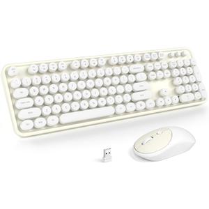 MOFII Wireless Keyboard and Mouse Combo, Computer Full Size 2.4G Plug and Play Wireless Typewriter Retro Round Keyboard and Mouse Set for Windows, Computer, Desktop, PC, Notebook - (Off White)
