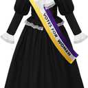 ReliBeauty Susan B Anthony Costume for Girls, Black Victorian Era Colonial Dress with Puff Sleeves & Sash, 140