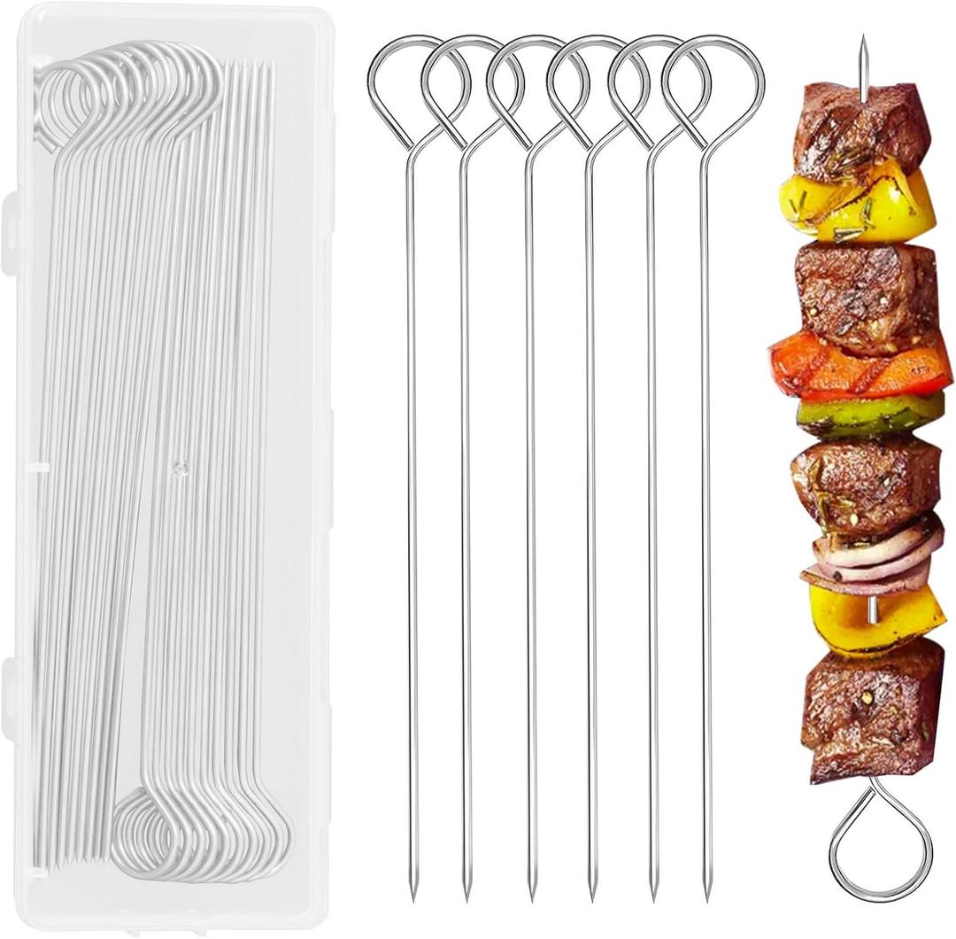20 PCS 8 Inch Stainless Steel BBQ Kabob Skewers with Storage Box, PEOUWNES Metal Kebob Sticks Reusable Grilling Skewers for Turkey, Shrimp, Chicken, Fruit, Vegetable, Meat, Beef