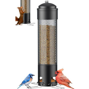 LCSEVEN Bird Feeders for Outdoors Squirrel Proof with Weight-Activated Perches, Hanging Bird Feeder for Outside, Metal Feeder for Wild Cardinal, Finch, Blue Jay, Chickadee, 3LB Seed Capacity, Black