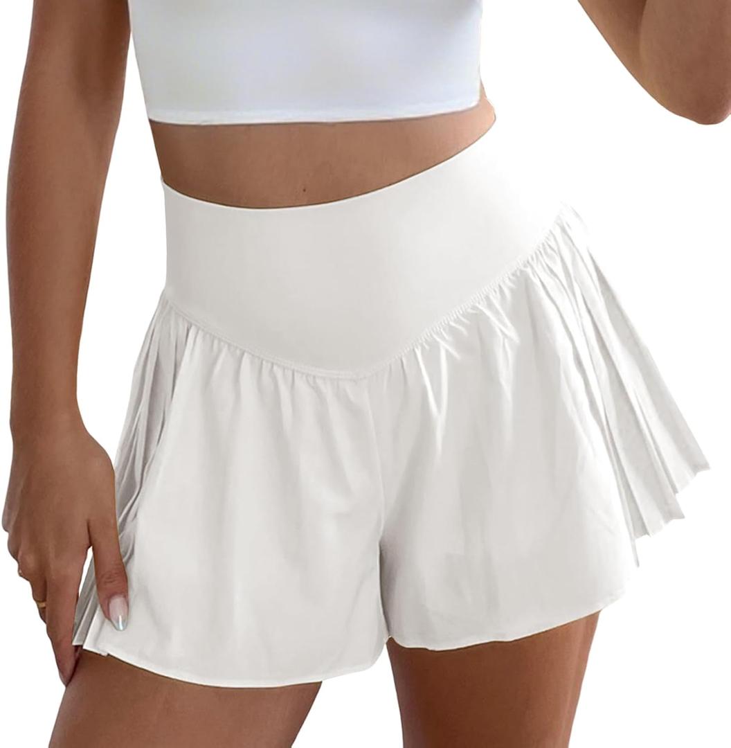 Fisoew Womens Workout Gym Shorts Elastic High Waisted Pleated Lightweight Active Running Shorts (White)