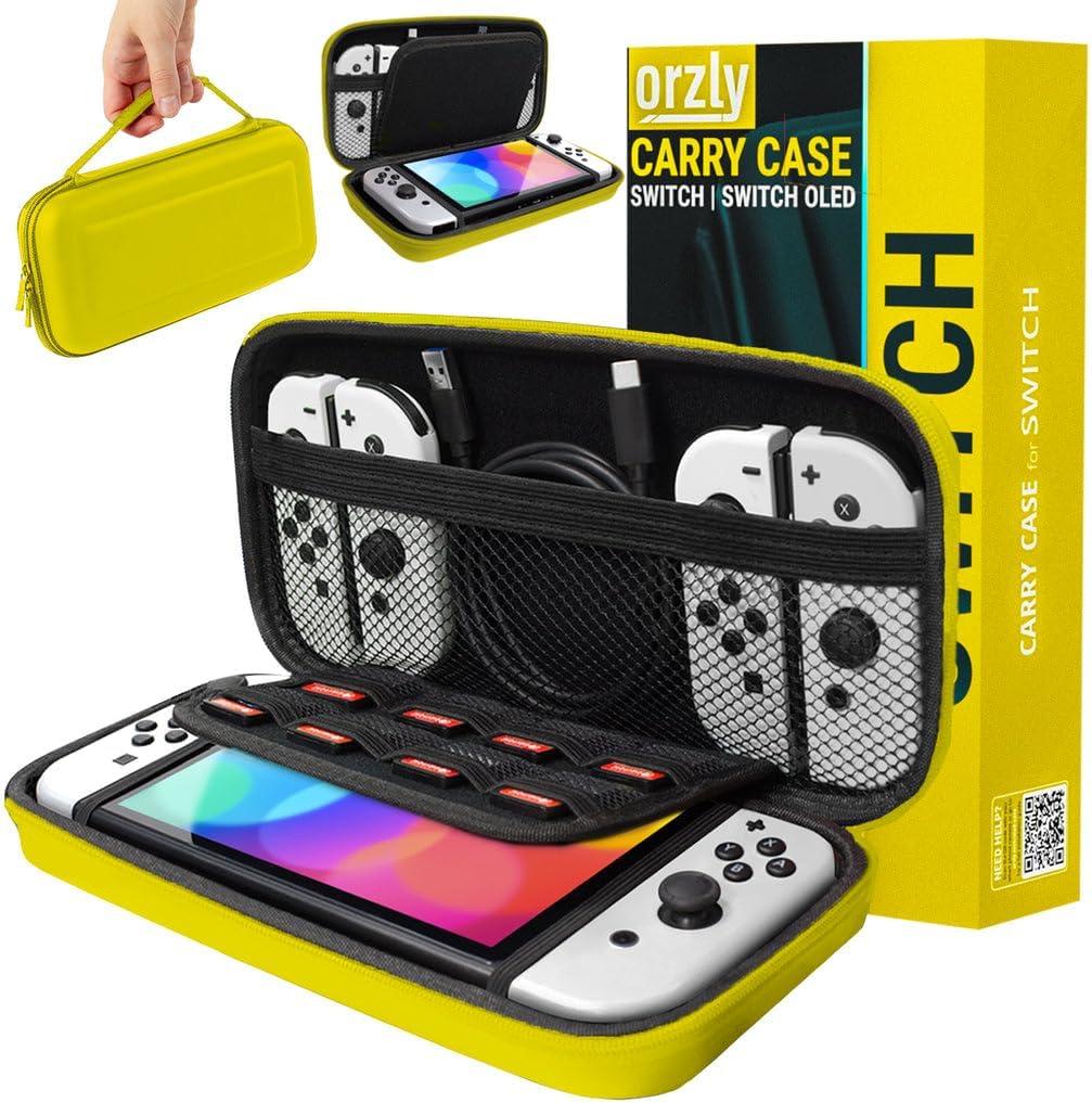 Orzly Carry Case Compatible with Nintendo Switch and New Switch OLED Console -Protective Hard Portable Travel Carry Case Shell Pouch with Pockets for Accessories and Games (NEON YELLOW)