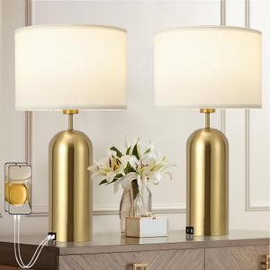 MoMyofdy Gold Lamps Set of 2 Touch Control 3-Way Dimmable Bedside Nightstand Lamps Bedroom Lamps Modern White& Gold Table Lamp with USB Type C Ports Tall Lamps for Living Room End Table Home Office