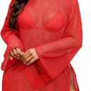 Lilosy Sexy Crochet Mesh Sheer Long Sleeve Dress Beach Bathing Suit Swim Coverup Summer Vacation Outfits One Piece Women Knit See Through Swimsuit Bikini Swimwear, ( Red, X-Large )