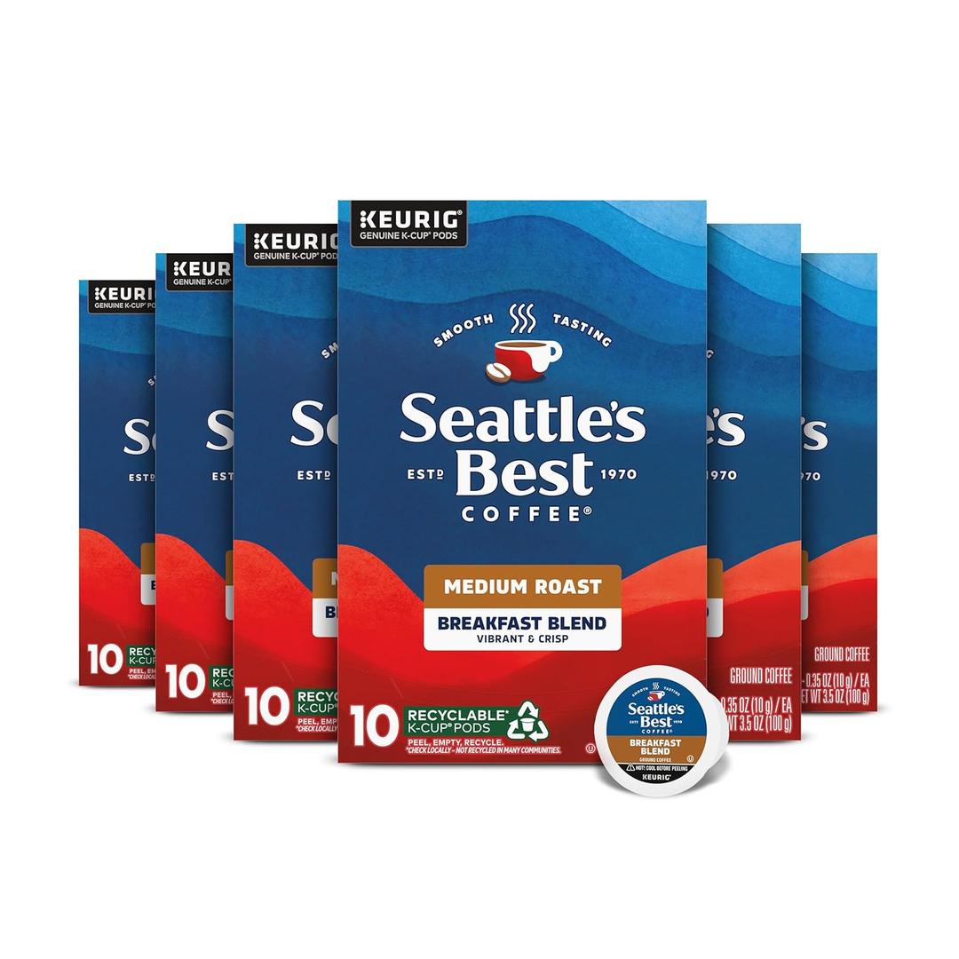 Seattles Best Coffee, Medium Roast K-Cup Coffee Pods, Breakfast Blend, 100% Arabica, 6 Boxes (60 Pods Total)
